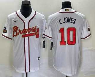 Men%27s Atlanta Braves #10 Chipper Jones 2022 White Gold World Series Champions Program Cool Base Stitched Baseball Jersey->customized mlb jersey->Custom Jersey
